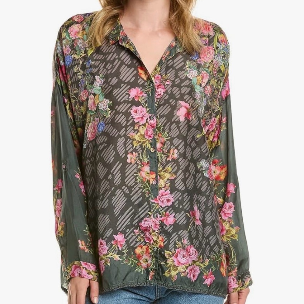 Johnny Was Rosey Jordan Silk Button down Blouse Size Large
